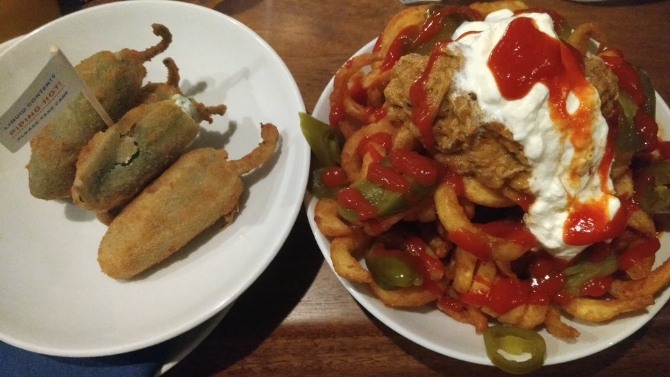Cheese stuffed jalapenos and pulled pork with fries