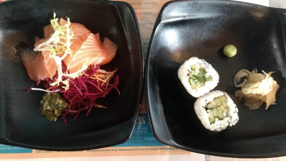 Salmon sashimi and kappa mak