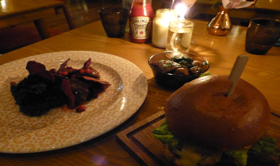 Confit and roast pigeon and chicken burger